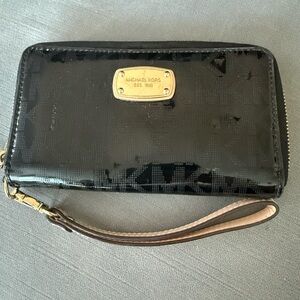 Michael Kors Black Patent Logo Wristlet with Gold Plate